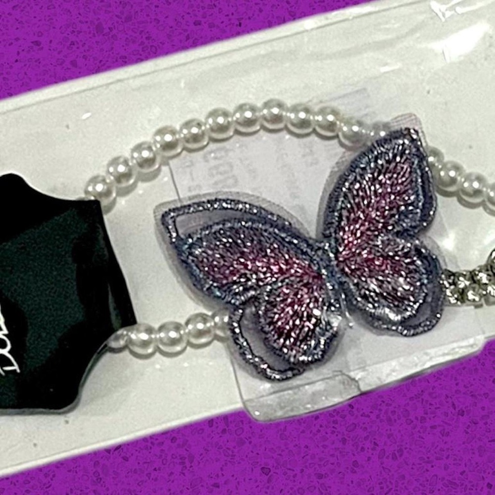 D-K GLITTER BUTTERFLY W/ RHINESTONES & FAUX PEARLS LAYERED CHAINS CHOKER